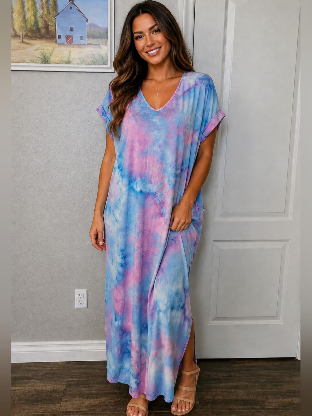 Tie-Dye V-Neck Maxi Dress in Blue and Pink